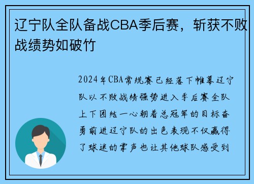 辽宁队全队备战CBA季后赛，斩获不败战绩势如破竹